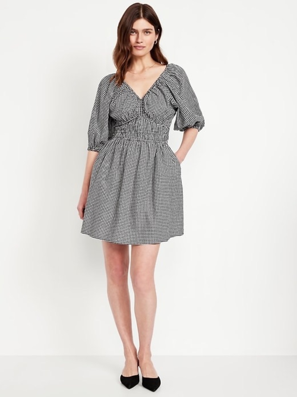 Black and White Gingham Smocked Waist Mini Dress